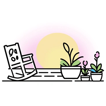 A porch with a wooden floor, featuring a single rocking chair placed to the side. The chair is painted white, with intricate cutouts on the backrest. Next to the chair, several potted plants of varying heights and shapes sit on the ground, with green leaves and some vibrant flowers visible. In the background, a sunset casts warm orange and pink hues across the sky, creating a soft gradient. The sun is just above the horizon, illuminating the scene with a gentle glow.