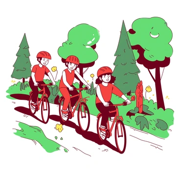 A red family is riding bicycles along a scenic path. The path is flanked by tall green trees, their leaves providing shade. Colorful flowers in various shades of yellow bloom alongside the route. The family consists of four members, all wearing bright helmets and enjoying the ride. Sunlight filters through the leaves, casting patterns on the ground as they pedal joyfully.