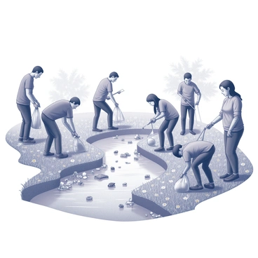 A group of volunteers is actively engaged in cleaning and restoring a small river. The volunteers are using various tools such as nets and trash bags to collect debris and litter from the water and surrounding grassy banks. Some volunteers are bent down near the water's edge, carefully removing plastic and other refuse, while others are standing in the water, making efforts to clear the area. The river flows gently through a vibrant grassy field dotted with wildflowers, and nearby trees provide some shade. A sense of teamwork and dedication is evident in their expressions as they work together towards a common goal.