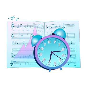 A detailed musical score filled with intricate notes and symbols, showcasing a crescendo at the center. The crescendo is visually emphasized, creating a dramatic peak in the composition. Positioned prominently at the crescendo is a vintage alarm clock, its round face displaying bold numbers and bell on top. The clock's hands point towards the hour of seven, suggesting a wake-up call. Surrounding the score are subtle musical elements like clefs and staffs, enhancing the thematic connection to music.