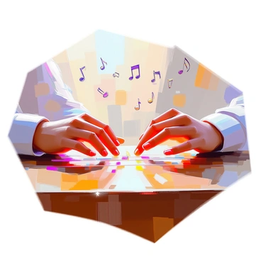 A pair of hands with slender fingers is rhythmically tapping on a polished wooden tabletop. The fingers are moving in a lively manner, creating a dynamic pattern on the surface. Around the hands, several musical notes are floating in the air, each note vividly detailed and varying in size and shape. The scene captures the essence of music being created through the tapping, with the tabletop reflecting a warm glow from the ambient light in the surroundings.