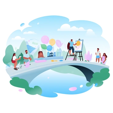 An artist is standing on a ladder painting a large mural on the side of a bridge. The mural features vibrant images representing diverse cultures, including traditional patterns, clothing, and symbols from various regions. Colorful paint splashes and strokes are visible on the artist's easel and around the area. The bridge is surrounded by greenery, with a few spectators observing the process from a distance. A clear blue sky provides a bright backdrop to the scene.