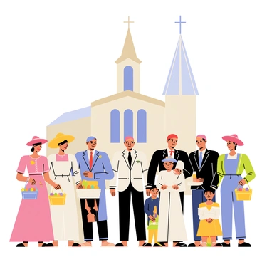 A group of churchgoers gathered outside a church, all dressed in traditional Easter attire. The women are wearing elegant dresses in pastel colors, complemented by large, decorative hats adorned with flowers and ribbons. The men are dressed in sharp suits, with some wearing ties or bowties that match the festive occasion. Children are holding small baskets filled with colorful Easter eggs, and a few families are posing for photos together. The church building in the background features tall, arched windows and a steeple reaching toward the sky.