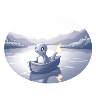 A small, cartoonish Charmander with a flame on its tail is sitting in a tiny wooden boat. The boat is floating on a smooth lake surface. The lake is surrounded by gently rolling hills, and there are a few trees on the banks. The water has reflections of the sun shining down, creating a sparkling effect. A light breeze causes small ripples on the water's surface, suggesting a serene atmosphere.