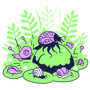 A scarab beetle is perched on a moss-covered rock in a lush forest. The beetle is shiny with intricate patterns on its shell. Surrounding the beetle, a few small snails are crawling over the damp leaves, their shells displaying spirals. Nearby, a frog sits on a lily pad, its legs tucked beneath it. The background features tall, green ferns and scattered wildflowers, creating a serene atmosphere. Soft rays of light filter through the canopy above, illuminating the scene.