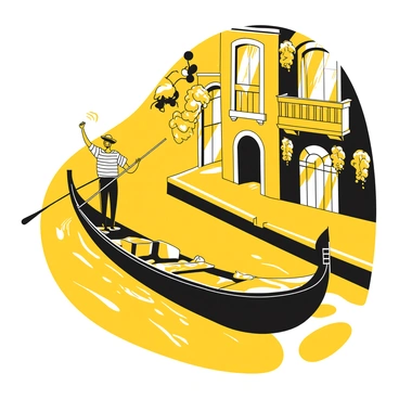 A gondola gliding smoothly through a winding canal in Venice. The gondola has ornate decorations along its sides. A gondolier stands at the back, wearing a striped shirt and a straw hat, holding a long paddle. He is singing joyfully, with his mouth open and a cheerful expression on his face. The water reflects the surrounding buildings, which feature classic Venetian architecture with large windows and balconies. Lush greenery hangs from some of the balconies, adding a touch of life to the scene. Gentle ripples flow across the canal as the gondola moves forward.