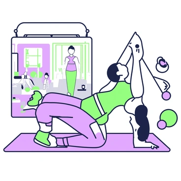 A person is lying on a gym mat, practicing glute bridges while looking at their reflection in a large gym mirror. The individual is wearing athletic clothing, including a fitted top and leggings. They have their feet flat on the mat, knees bent, and are lifting their hips towards the ceiling. In the background, various gym equipment such as weights and exercise balls is visible, along with other gym-goers engaged in different workouts. The gym has bright lighting, emphasizing the reflective surfaces of the mirror and the equipment.