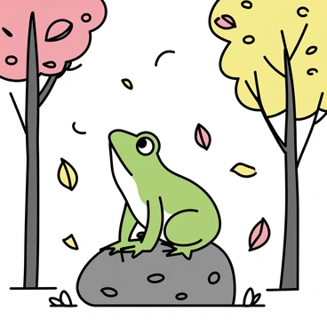 A green frog sitting on a moss-covered rock in an autumn forest. The frog is looking up as colorful leaves in shades of red, orange, and yellow fall around it. The forest background is filled with tall trees with changing foliage, creating a vibrant canopy overhead. Some leaves are gently landing on the frog's back, while others are scattered on the ground, adding to the autumn atmosphere. The sunlight filters through the branches, highlighting the frog's smooth skin and the rich colors of the leaves.