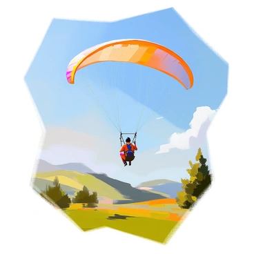 A paraglider gliding gracefully through a clear blue sky. The pilot, dressed in a vibrant outfit, is securely strapped into the harness, which is attached to the parachute using a bright, shiny carabiner. Below, a lush green landscape unfolds with rolling hills and patches of trees, creating a contrast with the vivid colors of the paraglider's wing. The sunlight casts soft shadows on the ground, highlighting the beauty of the scene.