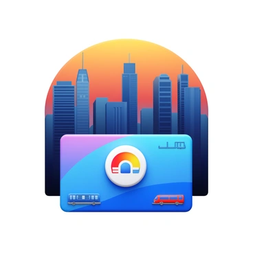 A metro card with a rectangular shape, showcasing a vibrant design. The card has a prominent logo in the center, and the edges are rounded. In the background, there is a detailed city skyline featuring tall buildings, including skyscrapers, with varying architectural styles. The sky is painted in a gradient, transitioning from orange to deep blue, suggesting either dawn or dusk. The card's design integrates elements of public transportation, such as a small train icon, to emphasize its function.