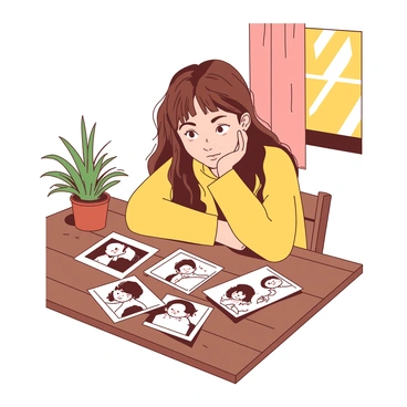A girl sitting at a wooden table, surrounded by scattered old family photographs. She has long brown hair and is wearing a cozy yellow sweater. The photographs show various moments with family members, and the girl is intently looking at one particular picture, her expression thoughtful. A soft orange light from a nearby window casts gentle shadows across the table, highlighting the nostalgic atmosphere. A small potted plant is also on the table, adding a touch of greenery to the scene.
