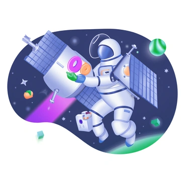An astronaut in a sleek space suit is floating in the vastness of space, surrounded by twinkling stars and a distant planet. The astronaut is using a set of colorful, glowing magnets to delicately repair a silver satellite. Various tools are attached to the astronaut's suit, and a small tool bag can be seen drifting nearby. The satellite is detailed, featuring solar panels and antennas, with a few bolts visibly missing. Soft beams of light illuminate the scene, highlighting the contrasting dark background of space.