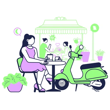 A young woman is sitting at a small round table in a street café. She has long hair tied back and is wearing a casual summer dress. In front of her, there is a cup of coffee on the table along with a small plate of pastries. Next to her, a green moped is parked with its kickstand down. The café has a few other tables with people chatting, and there are potted plants nearby adding some greenery to the scene. The sun is shining down, creating a lively atmosphere.
