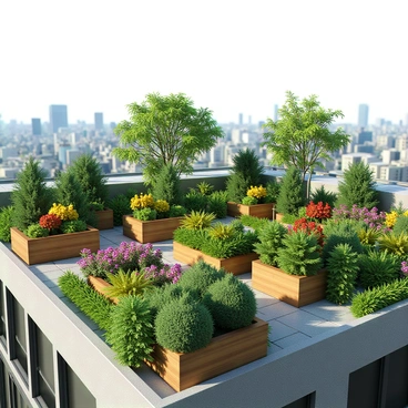 A rooftop garden atop a tall city building, featuring an array of vibrant plants and colorful flowers. The garden is filled with lush greenery, including various types of ferns, small trees, and flowering shrubs. Brightly colored blossoms in shades of red, yellow, pink, and purple are scattered throughout the garden, providing a striking contrast against the modern building backdrop. There are wooden planters and stone pathways interspersed, allowing for easy navigation through the greenery. The city skyline is visible in the background, with high-rise buildings and a clear blue sky above.