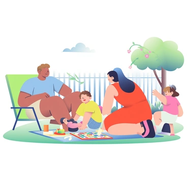 A family of four is gathered in a suburban backyard during a sunny afternoon. The father has short brown hair and is wearing a light blue t-shirt and beige shorts. He is sitting on the grass with a bright green lawn chair beside him. The mother has long black hair tied in a ponytail, wearing a red sundress, and is kneeling next to a colorful board game spread out on a picnic blanket. Two children, a boy and a girl, are excitedly looking at the game pieces. The boy has curly blonde hair and is wearing a yellow t-shirt and denim shorts, while the girl has straight brown hair and is in a pink shirt and white skirt. In the background, there is a fence with flowering bushes and a few toys scattered around, adding to the playful atmosphere. A soft breeze is rustling the leaves of a tree nearby.
