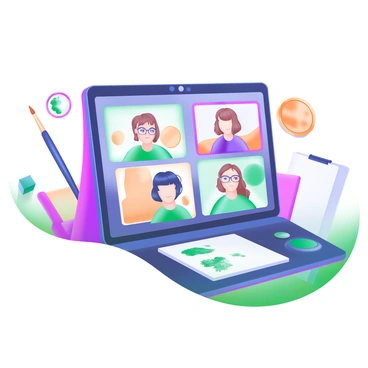 A modern pastel illustration depicting an online illustration class in progress. The scene shows several video call windows on a computer screen, each featuring a student sharing their artwork. Some students have their paintings and sketches displayed, while others are actively engaged in conversation. The background includes art supplies like brushes, palettes, and sketchbooks, adding context to the creative environment. Soft colors and rounded shapes create a welcoming atmosphere.