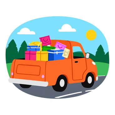 A colorful mini-truck filled with an assortment of suitcases and travel essentials. The truck's bed is overflowing with bright, patterned suitcases in various sizes, some are open revealing clothes and accessories. There are travel pillows, a cooler, and a map peeking out from between the bags. The mini-truck is parked on a scenic road, with green trees and a clear blue sky in the background. The sun casts a warm glow, highlighting the excitement of the upcoming road trip.