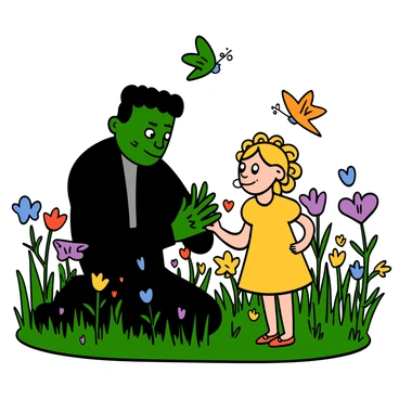 Frankenstein's monster, with green skin and visible stitches on his forehead, is kneeling in a sunlit meadow filled with colorful wildflowers. He is gently holding out his large, scarred hand towards a curious child. The child, a light-skinned girl with big eyes and curly blonde hair, is wearing a bright yellow dress and looking up in wonder at the creature. The meadow is lush, with tall grass swaying in the breeze and butterflies fluttering around them. There is a sense of curiosity and innocence in the interaction between the two characters.