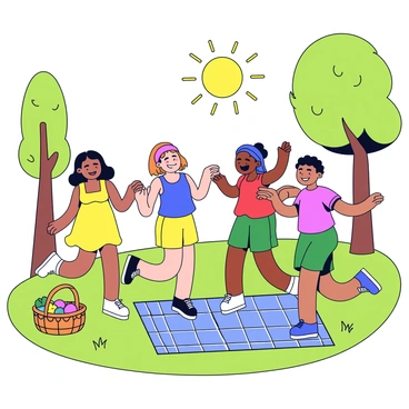 A group of four friends is dancing joyfully in a sunlit park. The friends are wearing colorful summer clothing, with one wearing a yellow sundress, another in a blue tank top, the third in a red t-shirt, and the last in green shorts. They are surrounded by green grass and tall trees providing shade. A picnic blanket is spread out nearby, featuring a wicker basket filled with fruits and snacks. The sun is shining brightly, casting warm light onto the scene as the friends laugh and enjoy their time together.