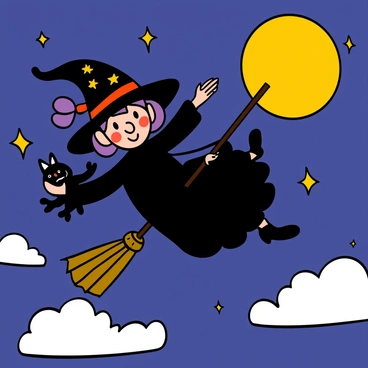 A whimsical anime witch with light skin and bright purple hair tied in two playful pigtails is flying on a broomstick. She is wearing a colorful, oversized black witch hat with star patterns and a flowing dark purple dress that billows behind her. The night sky is filled with twinkling stars and a large, glowing full moon. The witch holds a small, cheerful black cat in her arms, both looking excited as they soar through the air. The background features fluffy clouds illuminated by the moonlight, adding to the magical atmosphere of the scene.