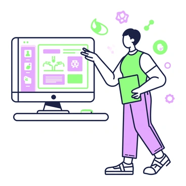 A digital avatar is standing in front of a computer screen, engaging with a user. The avatar has a friendly expression and is wearing a modern outfit, featuring a fitted top and sleek pants. It holds a green tablet in its right hand and gestures towards the screen with its left hand. The computer screen displays a wellness dashboard with various icons representing fitness, nutrition, and mindfulness. In the background, there are abstract shapes and lines that suggest a digital environment, enhancing the virtual coaching theme.