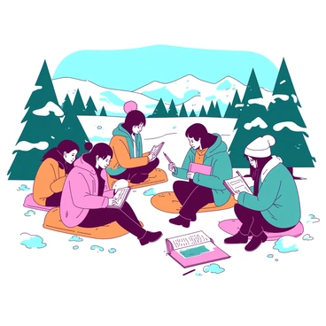 A group of students is gathered in a snowy Canadian landscape, focusing intently on their sketchbooks. The students are dressed in colorful winter clothing, with one wearing a pink coat and another in a teal jacket. Snow-covered pine trees surround them, and the ground is blanketed in fresh white snow. Some students are seated on bright orange sleds, while others stand beside them, holding pencils and sketching the picturesque scene. In the background, a range of hills can be seen, their slopes dotted with more evergreens, under a clear blue sky. Each student is immersed in their artwork, capturing the beauty of the winter setting around them.