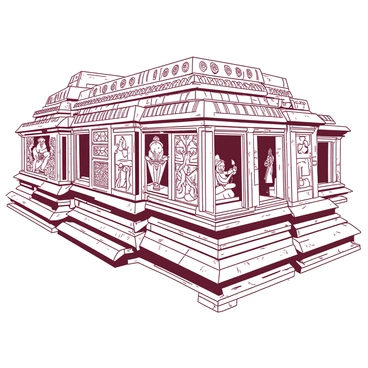 A detailed close-up of the intricate stone carvings on a temple facade. The carvings depict various deities and mythological scenes, with elaborate patterns and floral motifs surrounding them. The stone has a weathered texture, showcasing the craftsmanship and artistry of the sculptors. The facade features multiple panels, each telling a different story through its unique design. The overall composition captures the grandeur and complexity of the Hoyasala temple architecture.