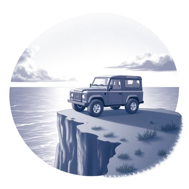 A Range Rover is parked at the edge of a cliff. The vehicle is facing outward, with its sleek lines and distinctive curves clearly visible. The cliff is rugged and rocky, with patches of grass and small bushes scattered around. Below, the sea stretches out, with gentle waves reflecting the light of the sunset. The sky is filled with dramatic clouds, and the sun is low on the horizon, casting long shadows and creating a striking contrast. The overall scene captures the sense of adventure and the beauty of nature.