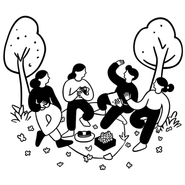 Juliet and her friends are sitting together on a grassy patch, surrounded by trees. They are engaged in conversation, leaning slightly towards each other. One friend is holding a book, while another is gesturing animatedly with their hands. Each of them has a playful posture, with some of them leaning back and laughing. There are a few picnic blankets spread out with snacks and drinks nearby. The atmosphere is lively, with the friends surrounded by scattered wildflowers on the ground.
