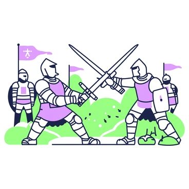 A medieval battlefield is depicted with two knights clashing swords. One knight, wearing gleaming armor, has a shield emblazoned with intricate designs. The other knight, also in armor, swings a sword with fierce determination. In the background, there are banners fluttering in the wind, and other armored soldiers stand ready. The ground is scattered with fallen weapons and the remnants of a previous conflict, adding to the intensity of the scene.