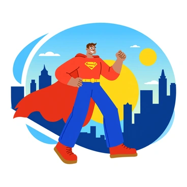 A dynamic superhero figure in a striking pose, with one fist raised and a confident expression. The superhero is wearing a bright red and blue costume, featuring a bold emblem on the chest. The backdrop consists of a sprawling city skyline, with tall buildings reaching towards a clear blue sky. The sun is setting, casting warm yellow and orange hues across the horizon, contrasting with the shadows of the buildings. The superhero's cape flows dramatically in the wind, adding to the sense of movement and power in the scene.