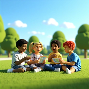 A group of four children, two boys and two girls, are sitting on a green grassy field, engaged in a discussion about a syllabus. One boy with short brown hair is holding a colorful paper while the other boy, who has curly black hair, is pointing at it. The girls, one with straight blonde hair tied in a ponytail and the other with curly red hair, are leaning in to listen closely. The sunny sky above is clear with a few fluffy white clouds scattered. Sunlight creates vibrant highlights on the kids' faces as they interact enthusiastically. In the background, there are several trees providing a lush green contrast to the blue sky.