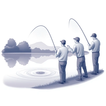 A group of fishermen stands at the edge of a tranquil lake. They are casting their nets into the still water, creating ripples as they throw them out. Each fisherman is focused on their task, wearing practical clothing suitable for fishing. The surrounding landscape features lush greenery and distant mountains, reflecting in the clear surface of the lake. The scene conveys a sense of harmony between the fishermen and nature, with the gentle movement of the water enhancing the peaceful atmosphere.
