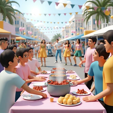 A busy street festival scene featuring a large crawfish boil setup, with a variety of pots bubbling with crawfish and spices. Tables are filled with platters of boiled crawfish, corn, and potatoes. People are gathered around, enjoying the food and chatting animatedly. In the background, a live band is performing, while several dancers, wearing bright and colorful attire, are dancing to the upbeat music. Colorful decorations, such as banners and balloons, are strung overhead, adding to the festive atmosphere. The sun is shining brightly, illuminating the joyful faces of the festival-goers.