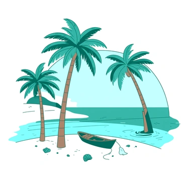 A teal tropical island features several tall palm trees swaying gently in a light breeze. The trunks of the palm trees are sturdy and brown, contrasting with their vibrant green fronds. In the background, a clear blue ocean stretches out towards the horizon, reflecting the bright sunlight. The shoreline is adorned with soft white sand, where a few scattered seashells can be seen glimmering in the sun. A small wooden boat floats peacefully in the water, creating a tranquil atmosphere.