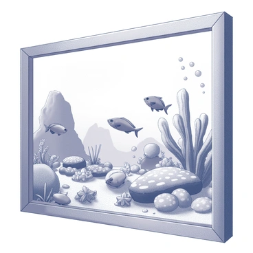 A framed view of an undersea world filled with diverse marine life. The scene includes various fish swimming among coral formations, showcasing different shapes and sizes. There are starfish nestled on the ocean floor and seaweed gently swaying in the water currents. In the background, a large, rocky structure rises, providing habitat for smaller creatures. Bubbles rise from the depths, adding a sense of movement to the environment. Overall, the composition captures the richness of underwater ecosystems.