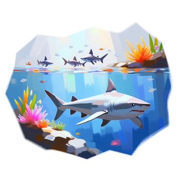 An illustration depicting the life cycle of a shark, showcasing several stages from birth to adulthood. The first stage shows a tiny shark pup swimming in shallow water, surrounded by coral and small fish. The second stage illustrates a juvenile shark, slightly larger, exploring a reef, with vibrant aquatic plants in the background. The third stage presents a sub-adult shark, swimming alongside a school of fish in deeper waters, with rays of sunlight filtering through the surface. The final stage features a fully grown adult shark, gracefully gliding through the ocean, with its powerful body and distinct features prominently displayed, showcasing the strength and beauty of this marine predator.