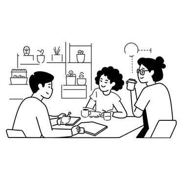 A group of friends is seated around a wooden table in a coffeehouse. They are engaged in conversation while illustrating and sharing sketches. One friend, a young man with short hair, is focused on drawing in a sketchbook. A woman with curly hair is leaning over her notebook, sharing her artwork with a smile. Another friend with glasses is sipping coffee from a mug, glancing at the sketches on the table. The setting includes potted plants in the background and a display of pastries on the counter nearby.