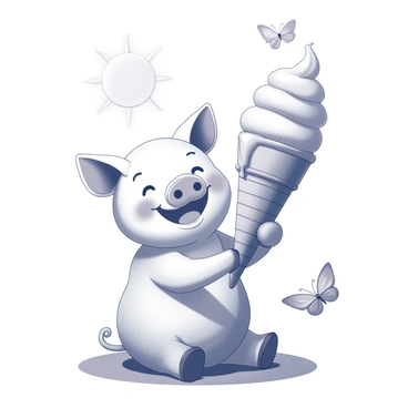 A pig is sitting contently on a patch of grass. The pig is holding a giant ice cream cone with large scoops of ice cream perched atop it. The ice cream cone is almost as tall as the pig itself, with drips of ice cream running down the sides. The sun is shining brightly above, indicating a hot day. The pig has a delighted expression, with its eyes wide and mouth slightly open in a smile, as it enjoys the sweet treat. Nearby, a few butterflies flutter around, adding to the lively scene.