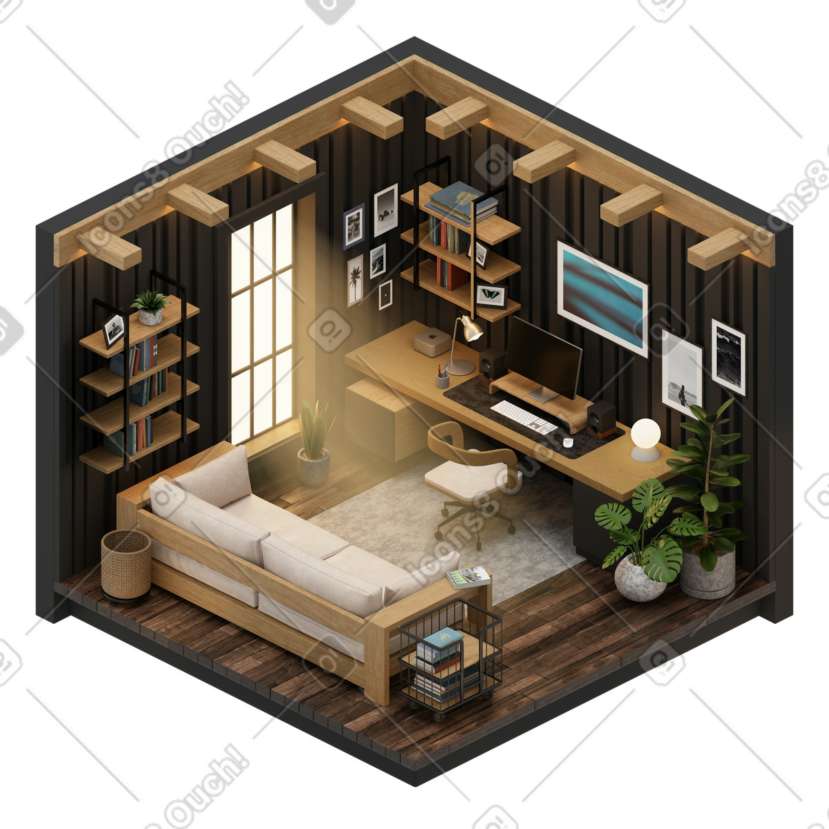 Isometrischer home-office-raum-Illustration im 3D Rooms-Stil als Download in PNG, SVG
