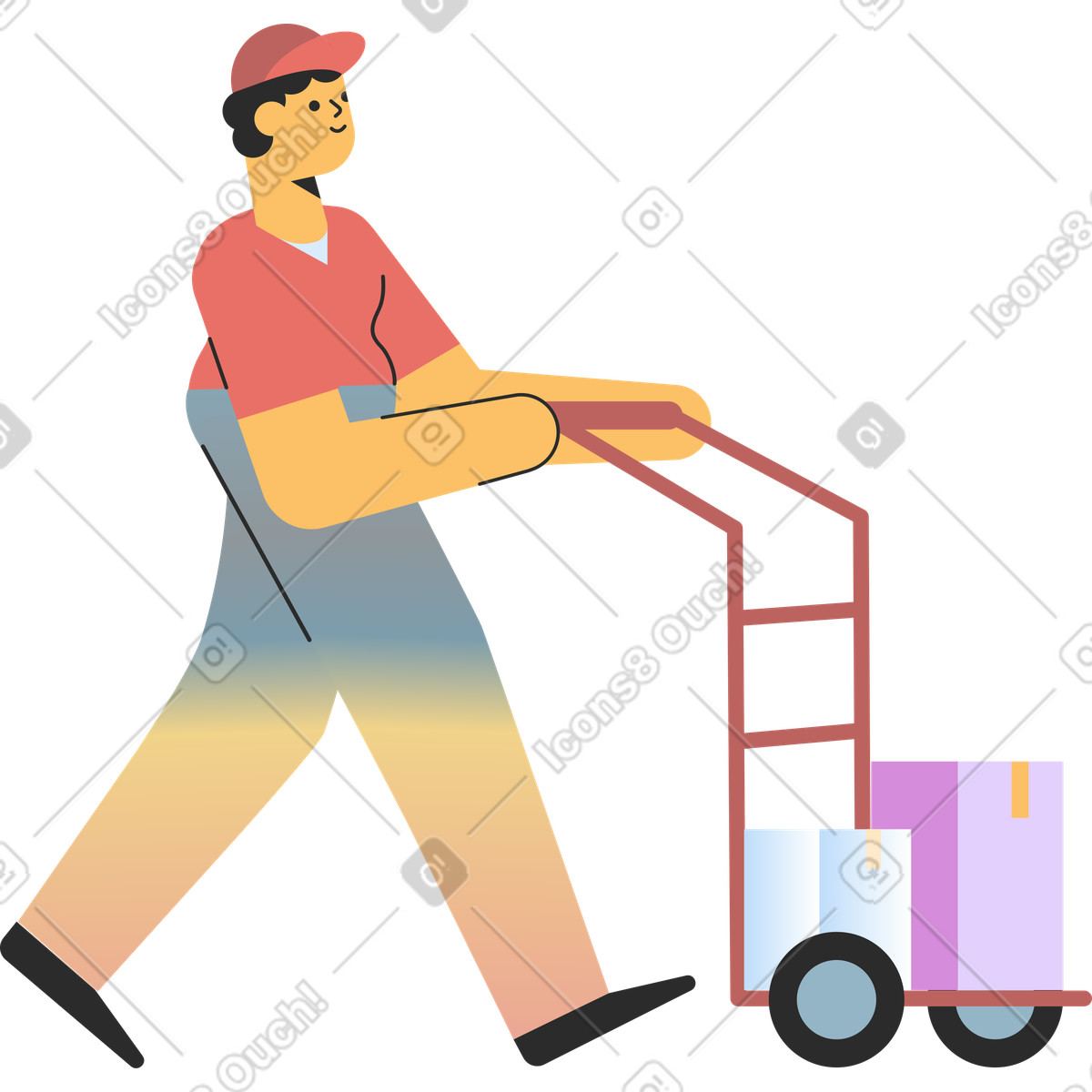 Delivery man with cart illustrazione in stile Marginalia scarica in PNG, SVG