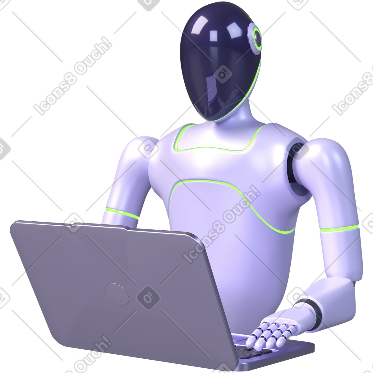 Ai robot working on laptop, Artificial intelligence productivity, Futuristic technology workspace illustration in PNG, SVG