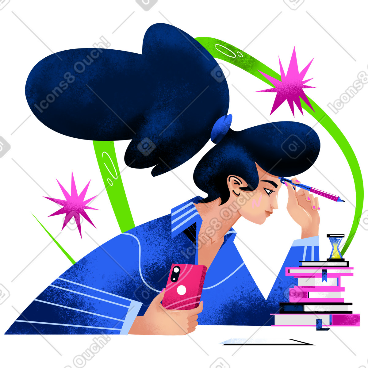 Girl with a phone is engaged in self-education-Illustration im Flare-Stil als Download PNG, SVG