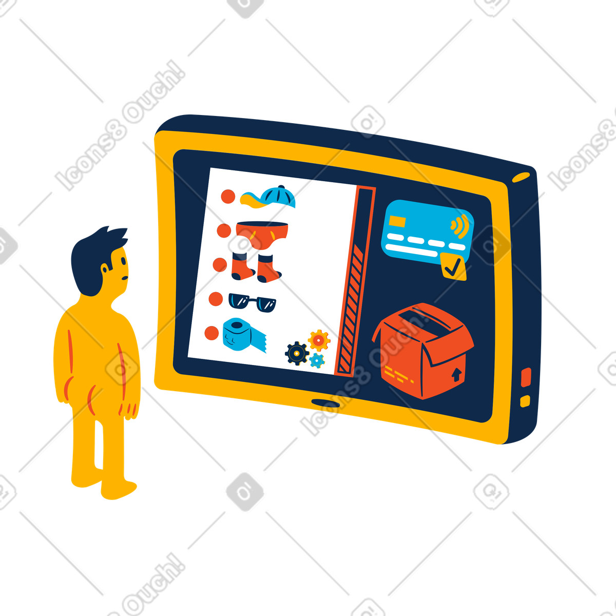 Uomo nudo che acquista abbigliamento sul web illustrazione in stile Flame scarica in PNG, SVG