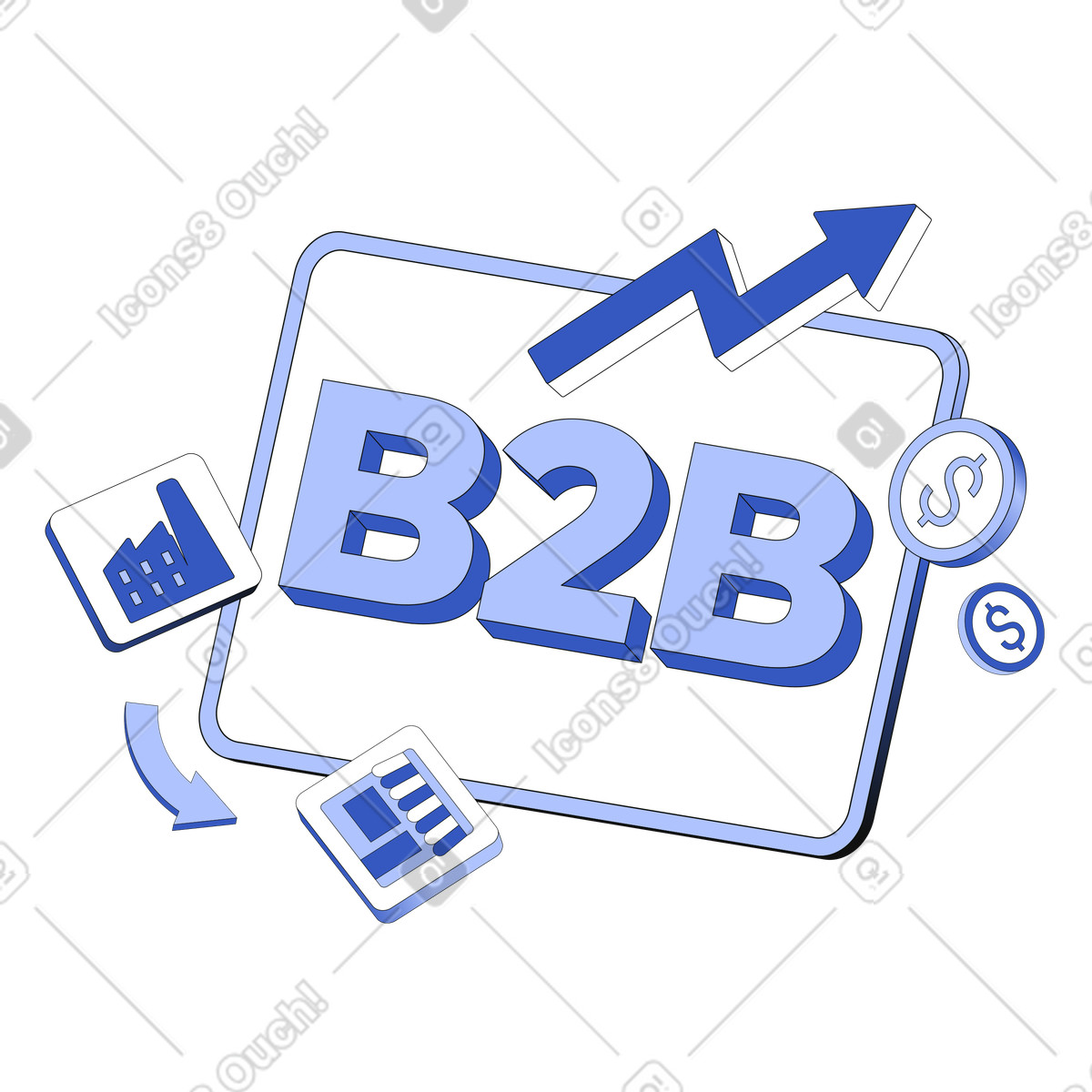 Techny スタイルの コイン、グラフ、店舗や工場の看板のテキストでb2bをレタリング のイラストをPNG、SVG形式でダウンロード