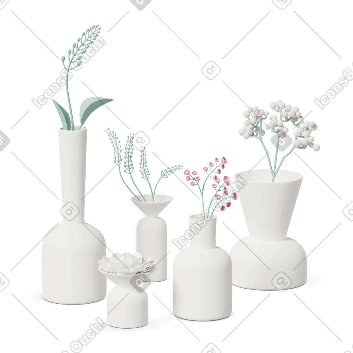 Vases with flowers illustration in 3D Casual life style download in PNG, SVG