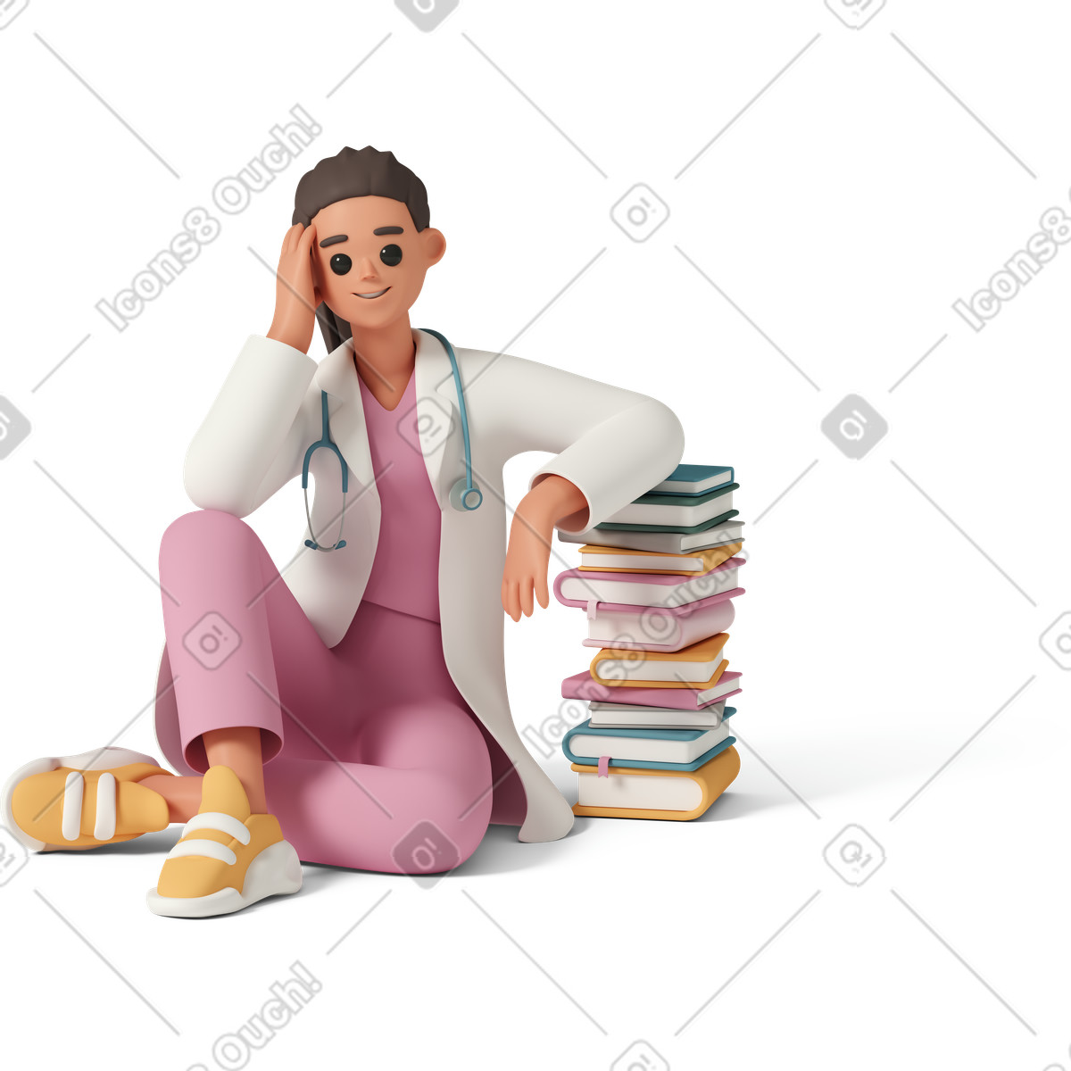 3D Casual life 스타일의 Doctor sitting on the floor with books 일러스트레이션 PNG, SVG 다운로드
