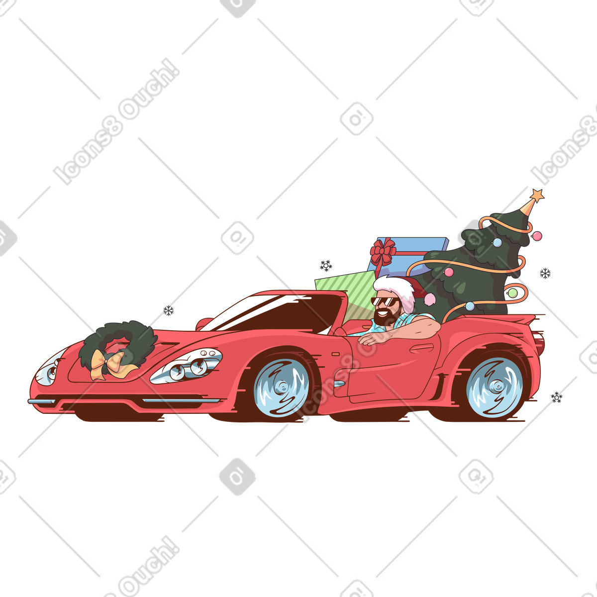 Ilustração de Homem com chapéu papai noel em carro esportivo árvore natal e presentes no estilo Eastwood para baixar PNG, SVG