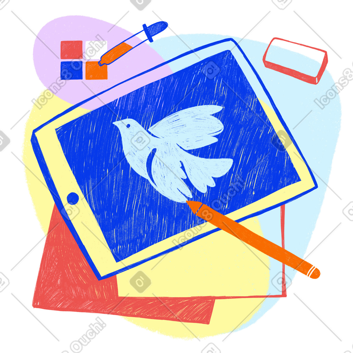 Pencil drawing of a dove on blue ipad and various art supplies illustration in Biro style download in PNG, SVG