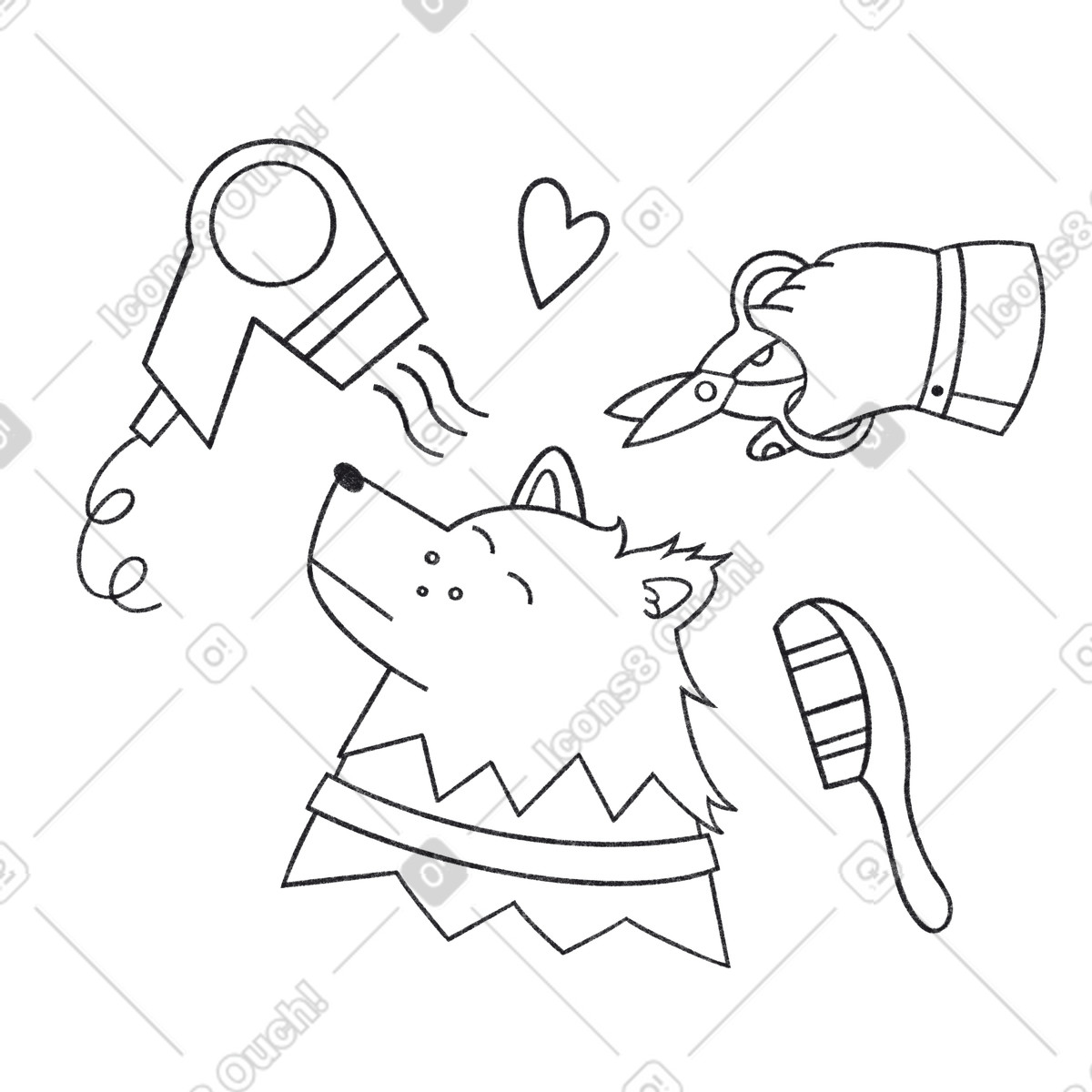 Dog grooming with comb scissors and hair dryer illustration in Bonbon Line style download in PNG, SVG